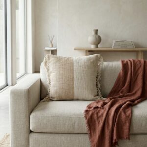 Almohadón Algodón combinado flecos Beige y Tostado cuadrado